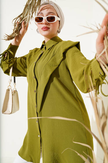 V Yaka Fırfırlı Tunik Yağ Yeşili - Tunik