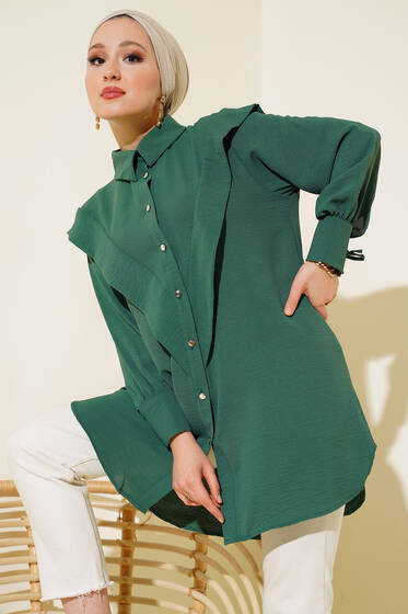 V Yaka Fırfırlı Tunik Zümrüt - Tunik