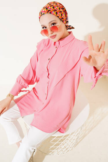 V Yaka Fırfırlı Tunik Somon - Tunik