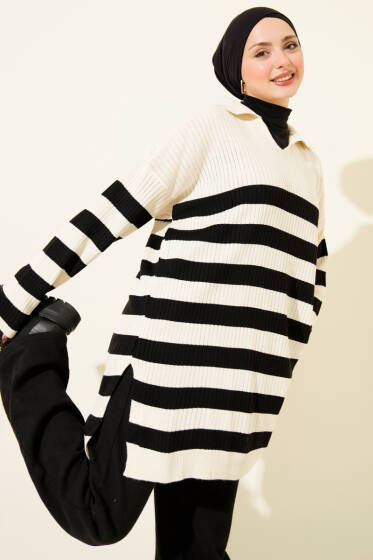 V Yaka Fitilli Çizgili Triko Tunik Bej - Tunik