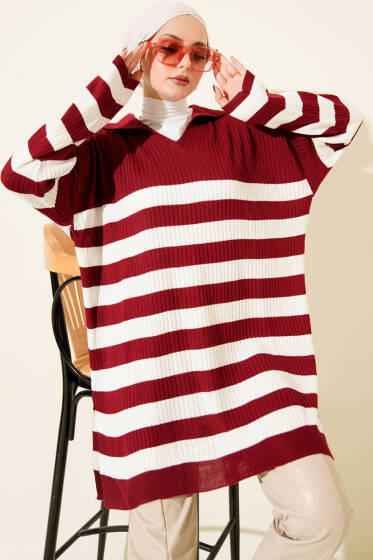 V Yaka Fitilli Çizgili Triko Tunik Bordo - Tunik