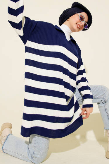 V Yaka Fitilli Çizgili Triko Tunik Lacivert - Tunik