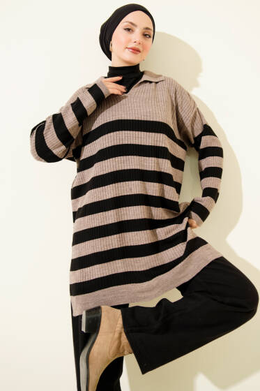 V Yaka Fitilli Çizgili Triko Tunik Vizon - Tunik