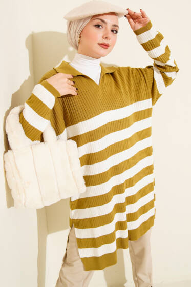 V Yaka Fitilli Çizgili Triko Tunik Yağ Yeşili - Tunik