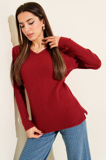 V Yaka Fitilli Kaşe Bluz Bordo - Kadın Giyim Modelleri
