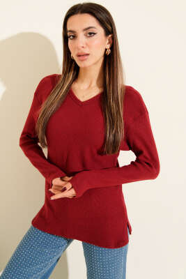 V Yaka Fitilli Kaşe Bluz Bordo - Kadın Giyim Modelleri