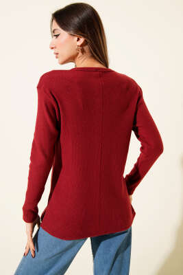 V Yaka Fitilli Kaşe Bluz Bordo - Kadın Giyim Modelleri