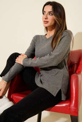 V Yaka Fitilli Kaşe Bluz Füme - Kadın Giyim Modelleri