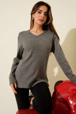 V Yaka Fitilli Kaşe Bluz Füme - Kadın Giyim Modelleri