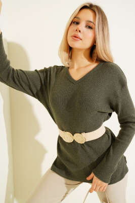 V Yaka Fitilli Kaşe Bluz Haki - GÜRZA TEKSTİL