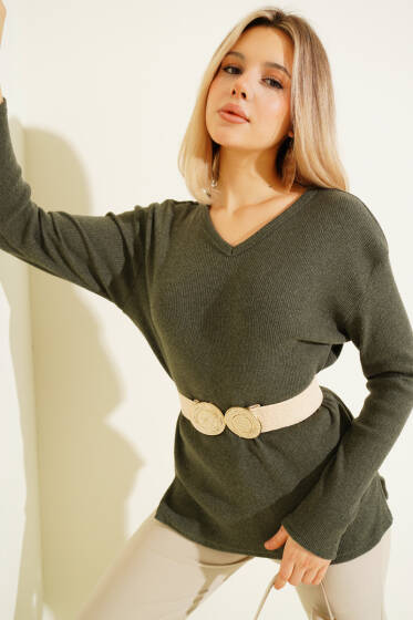 V Yaka Fitilli Kaşe Bluz Haki - Kadın Giyim Modelleri