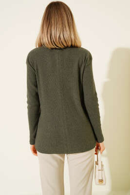 V Yaka Fitilli Kaşe Bluz Haki - Kadın Giyim Modelleri