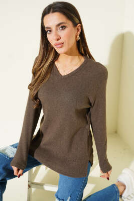V Yaka Fitilli Kaşe Bluz Kahve - Kadın Giyim Modelleri