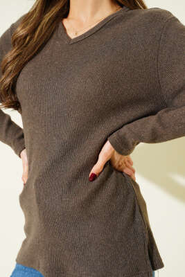 V Yaka Fitilli Kaşe Bluz Kahve - Kadın Giyim Modelleri