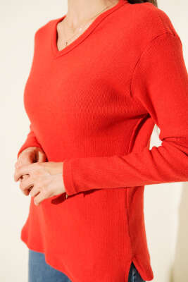 V Yaka Fitilli Kaşe Bluz Kırmızı - Kadın Giyim Modelleri