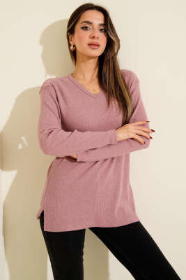 V Yaka Fitilli Kaşe Bluz Lila 