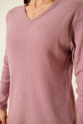 V Yaka Fitilli Kaşe Bluz Lila - Kadın Giyim Modelleri