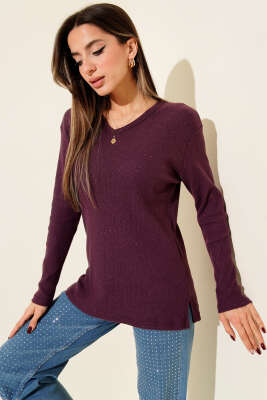 V Yaka Fitilli Kaşe Bluz Magenta - GÜRZA TEKSTİL