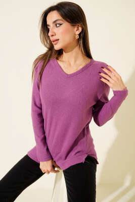 V Yaka Fitilli Kaşe Bluz Menekşe - Kadın Giyim Modelleri