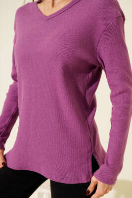 V Yaka Fitilli Kaşe Bluz Menekşe - Kadın Giyim Modelleri