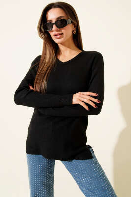 V Yaka Fitilli Kaşe Bluz Siyah - Kadın Giyim Modelleri