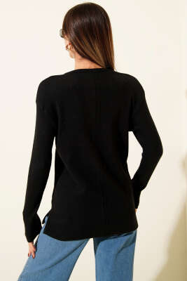 V Yaka Fitilli Kaşe Bluz Siyah - Kadın Giyim Modelleri