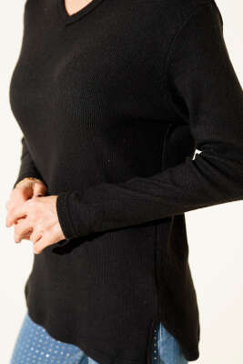 V Yaka Fitilli Kaşe Bluz Siyah - Kadın Giyim Modelleri