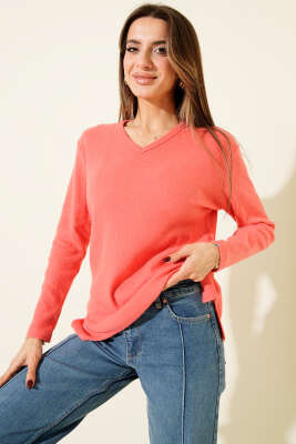 V Yaka Fitilli Kaşe Bluz Somon 