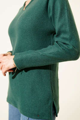 V Yaka Fitilli Kaşe Bluz Zümrüt - Kadın Giyim Modelleri