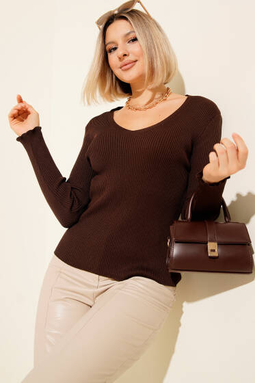 V Yaka Fitilli Triko Bluz Kahve - Kadın Giyim Modelleri