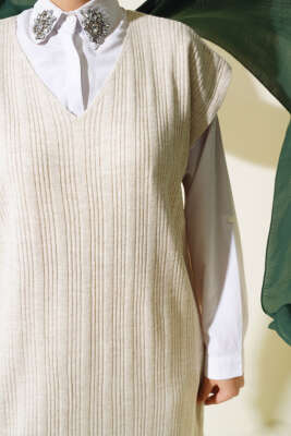 	 V Yaka Fitilli Triko İkili Takım Bej - Triko İkili Takım