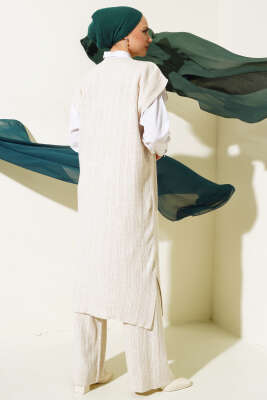 	 V Yaka Fitilli Triko İkili Takım Bej - Triko İkili Takım