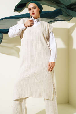 	 V Yaka Fitilli Triko İkili Takım Bej - Triko İkili Takım