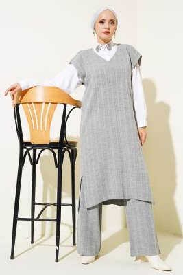 V Yaka Fitilli Triko İkili Takım Gri - Triko İkili Takım