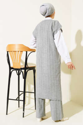 V Yaka Fitilli Triko İkili Takım Gri - Triko İkili Takım