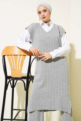 V Yaka Fitilli Triko İkili Takım Gri - Triko İkili Takım