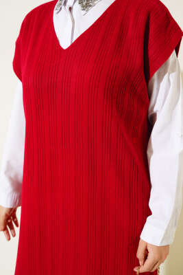 V Yaka Fitilli Triko İkili Takım Kırmızı - Triko İkili Takım