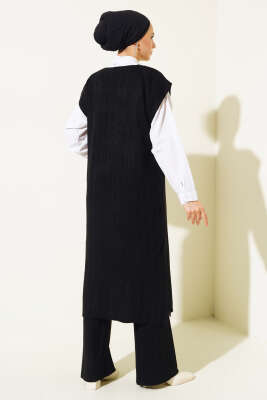 V Yaka Fitilli Triko İkili Takım Siyah - Triko İkili Takım