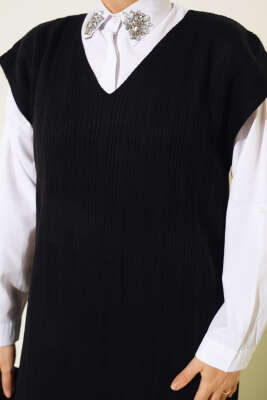 V Yaka Fitilli Triko İkili Takım Siyah - Triko İkili Takım