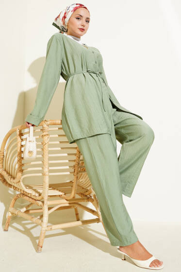 V Yaka İp Kuşaklı İkili Takım Çağla Yeşili - İkili Takım