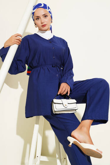 V Yaka İp Kuşaklı İkili Takım Lacivert - İkili Takım