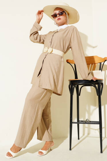 V Yaka İp Kuşaklı İkili Takım Latte - İkili Takım