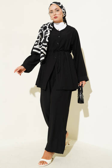 V Yaka İp Kuşaklı İkili Takım Siyah - İkili Takım