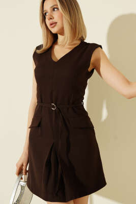 V Yaka İp Kuşaklı Mini Elbise Kahve - CALİENTE