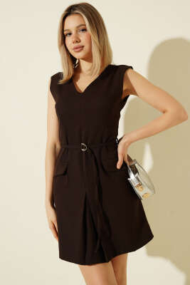 V Yaka İp Kuşaklı Mini Elbise Kahve - Kadın Giyim Modelleri