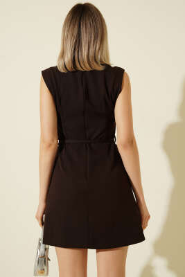 V Yaka İp Kuşaklı Mini Elbise Kahve - Kadın Giyim Modelleri