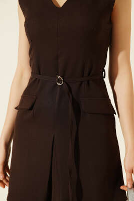 V Yaka İp Kuşaklı Mini Elbise Kahve - Kadın Giyim Modelleri