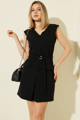 V Yaka İp Kuşaklı Mini Elbise Siyah - Kadın Giyim Modelleri