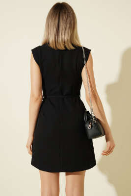V Yaka İp Kuşaklı Mini Elbise Siyah - Kadın Giyim Modelleri