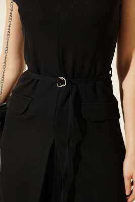 V Yaka İp Kuşaklı Mini Elbise Siyah - Kadın Giyim Modelleri